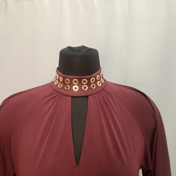 Michael Kors Burgundy Dress Gold Studs Collard Elephant Ears Sleeves Size S - Picture 4 of 13